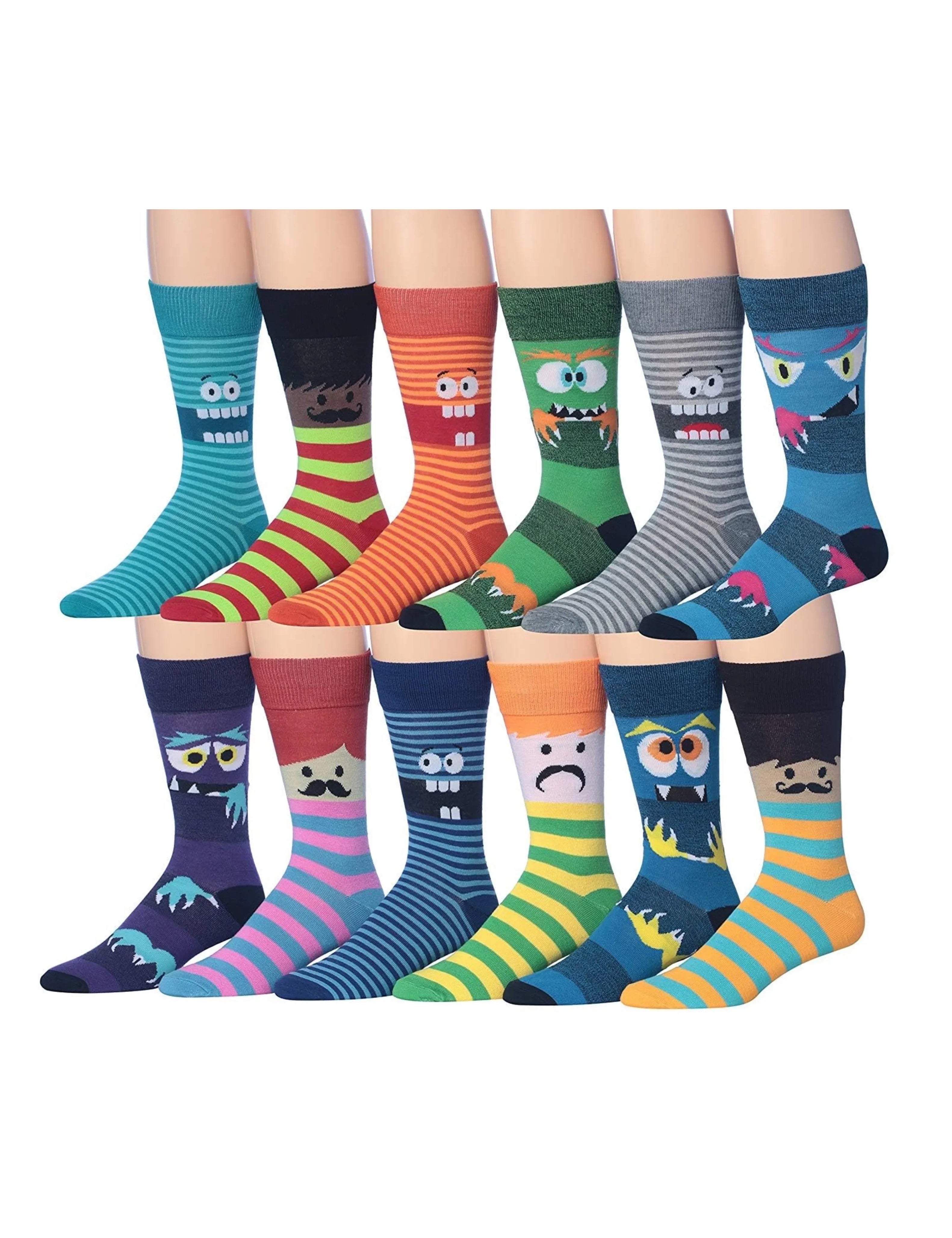 Men's 12 Pairs Casual Novelty Monster Striped Colorful Patterned Dress Socks for Men - Socks