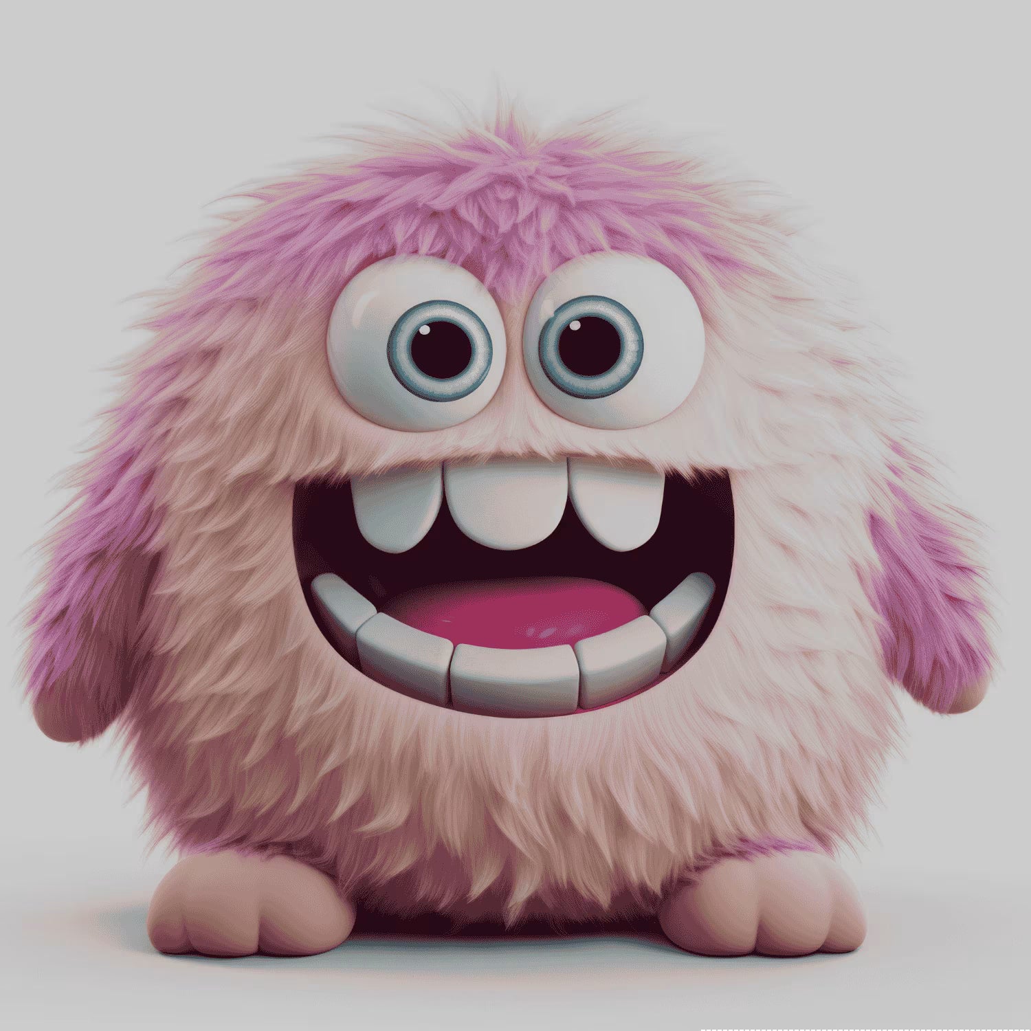 Pink and purple fluffy monster toy with large eyes and a wide mouth on a light gray background