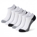 Set of six pairs of white socks with gray, black, and patterned toes on a white background