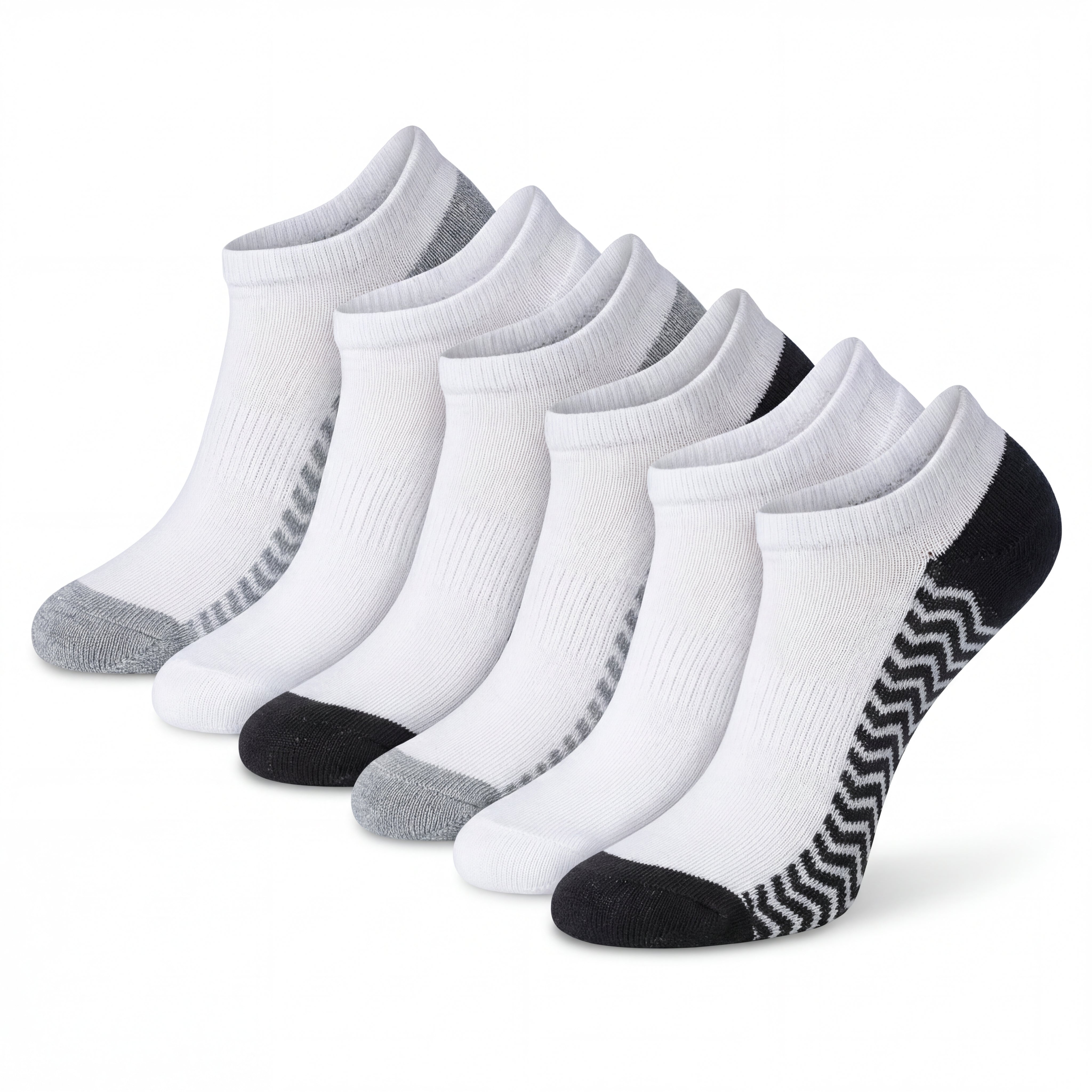 Set of six pairs of white socks with gray, black, and patterned toes on a white background