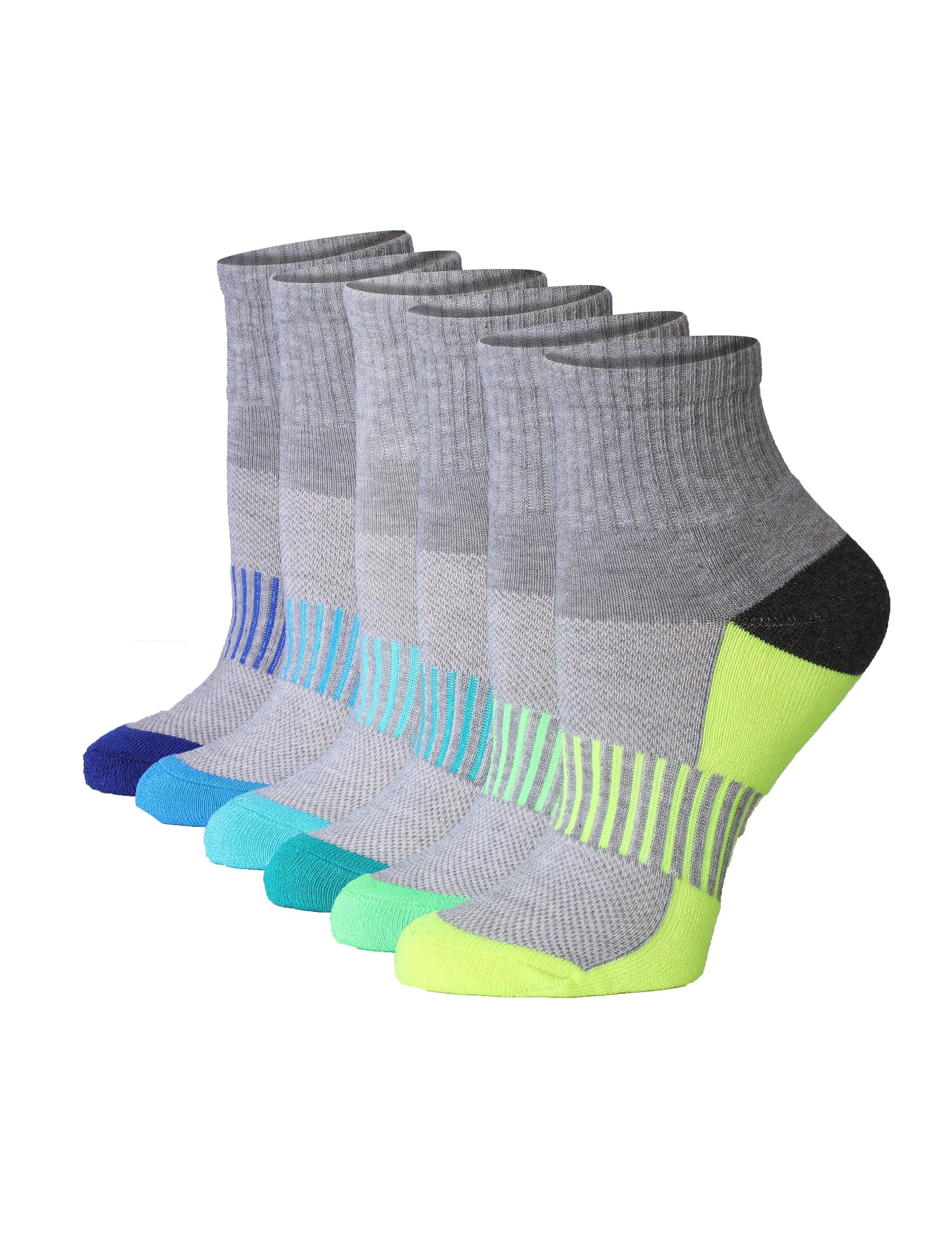  Women's 6-Pairs Running & Athletic Sports Performance Grayscale Blue Green Yellow Quarter Socks -  Socks