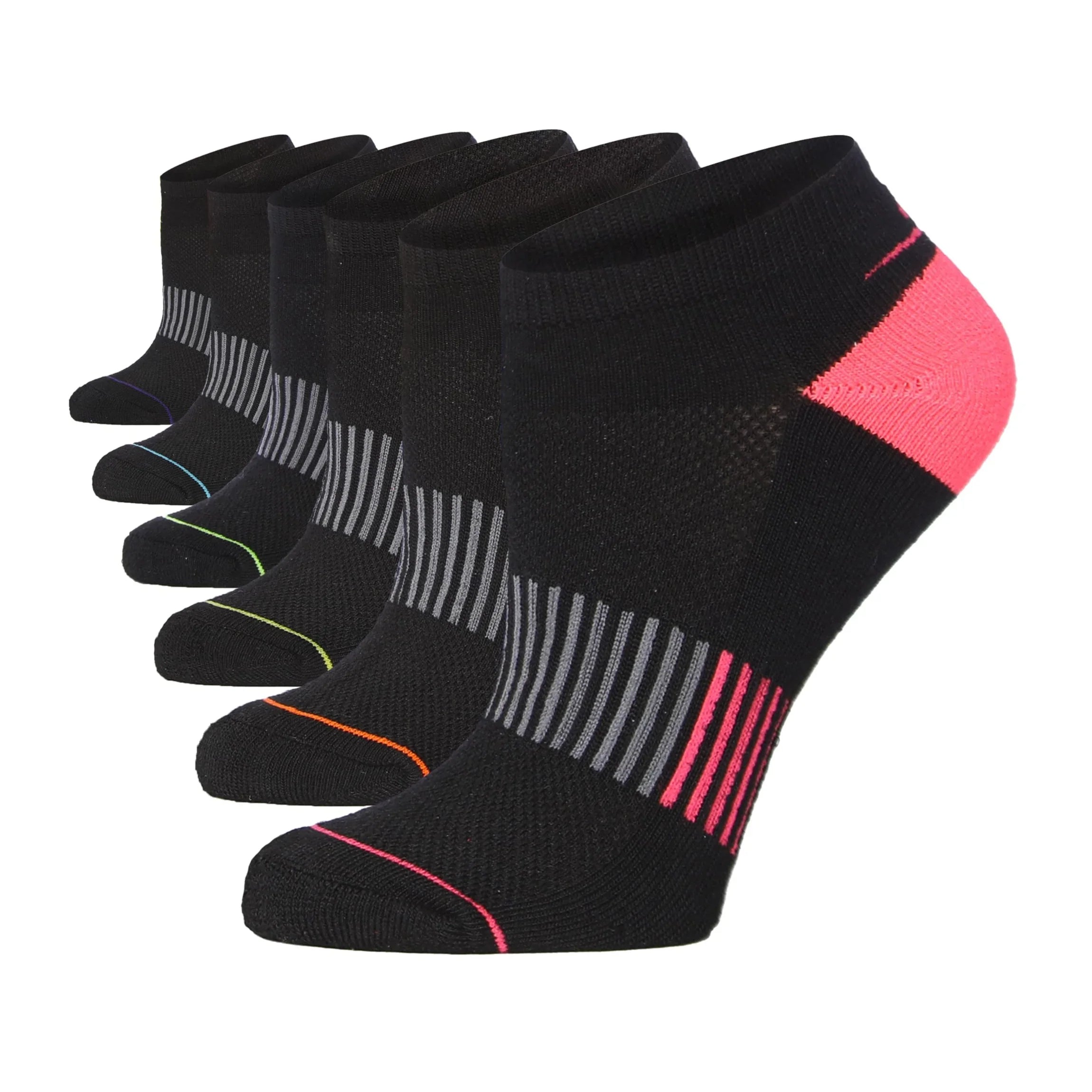  Women's 6-Pairs Black Rainbow Stripes Pattern Low Cut/No Show Athletic Sport Socks -  Socks