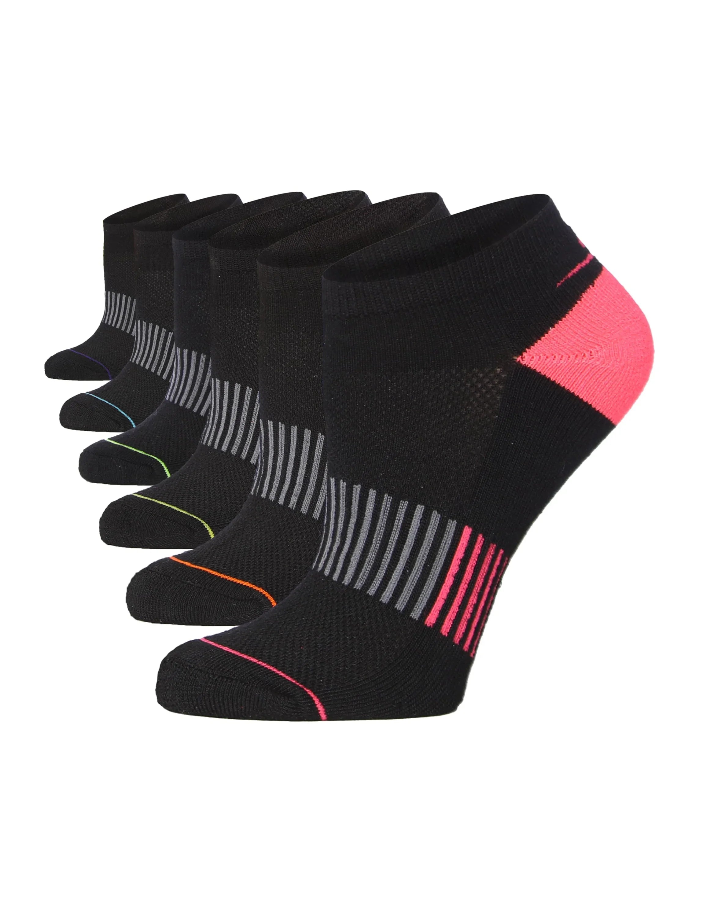 Tipi Toe Women's 6-Pairs Black Rainbow Stripes Pattern Low Cut/No Show Athletic Sport Socks - Tipi Toe Socks