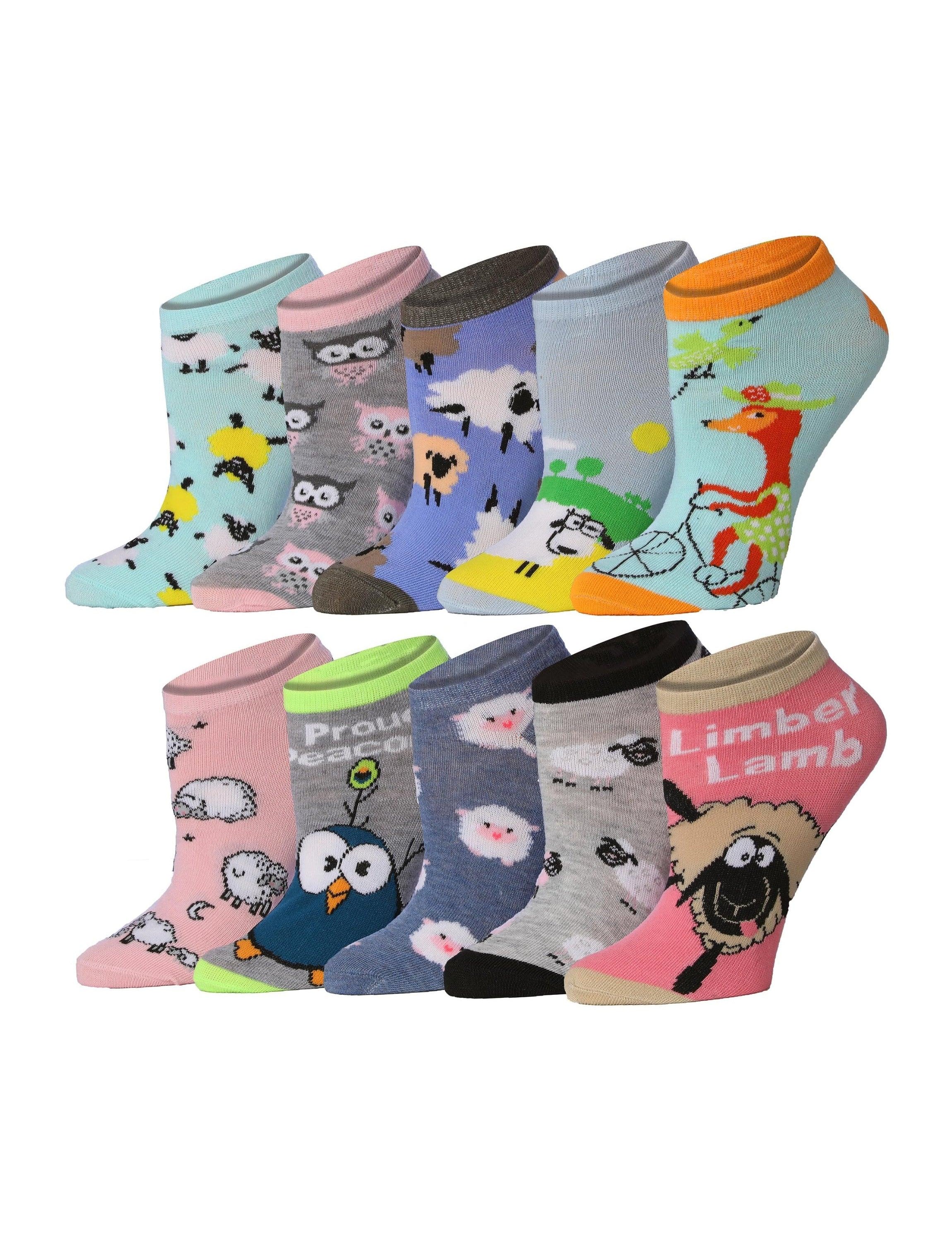 Women's 10 Pairs Animal Delight Collection Pattern & Mix Colors For Vibrant Style Low Cut/No Show Socks - Socks