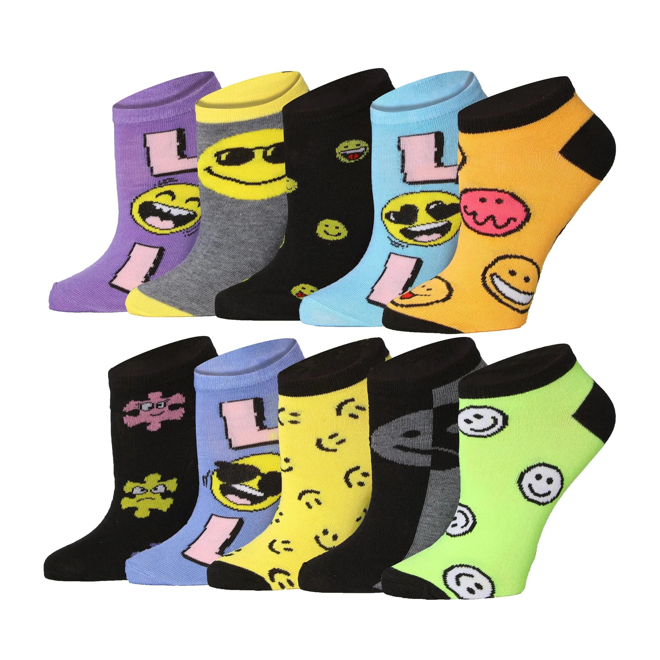 Women's 10 Pairs Emoji Expressions Pattern & Mix Colors For Vibrant Style Pattern Low Cut/No Show Socks - Socks