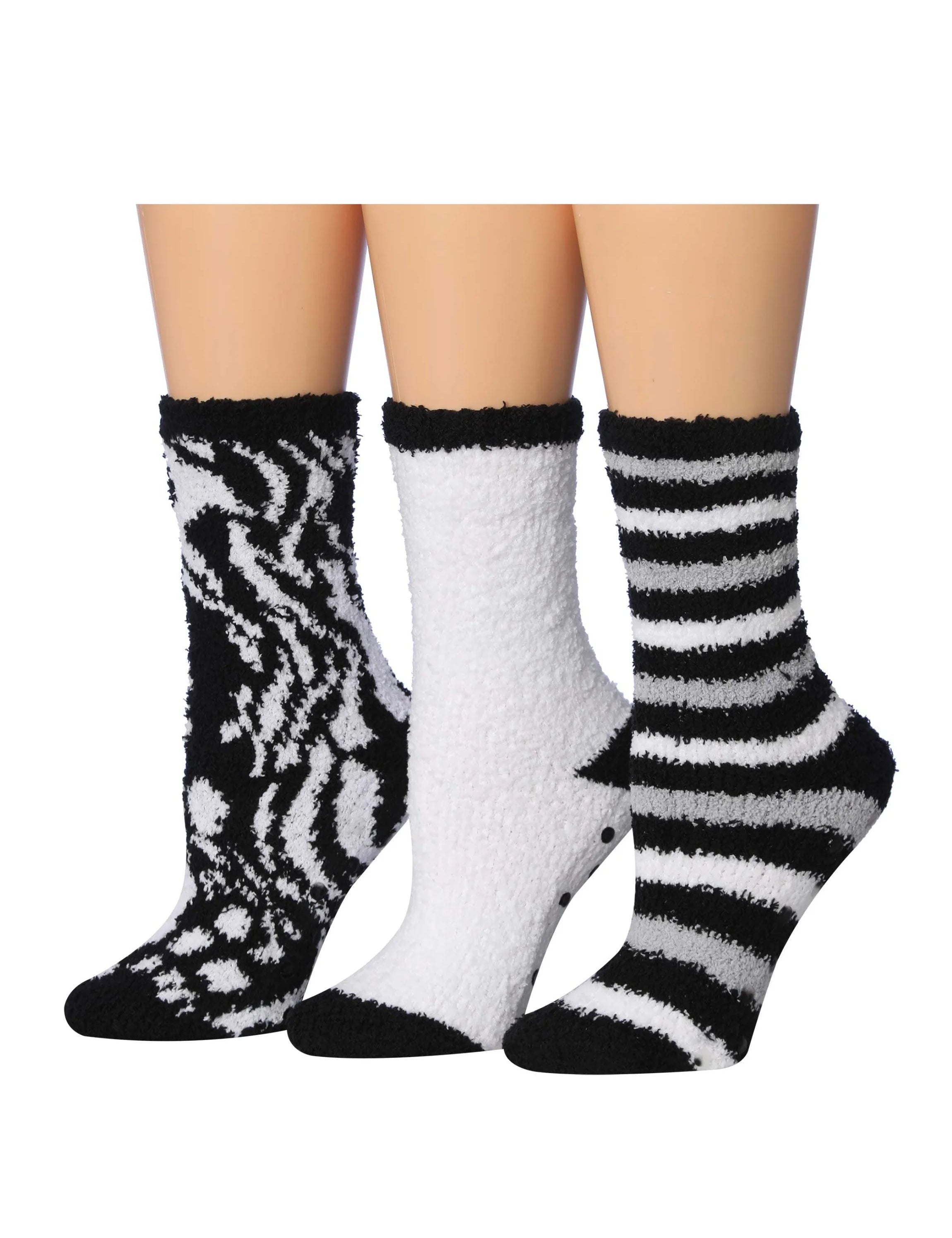 Women's 3 Pairs Cozy Microfiber Soft Anti-Skid Zebra Glam Colorful Patterned Fuzzy Crew Socks - Tipi Toe Socks