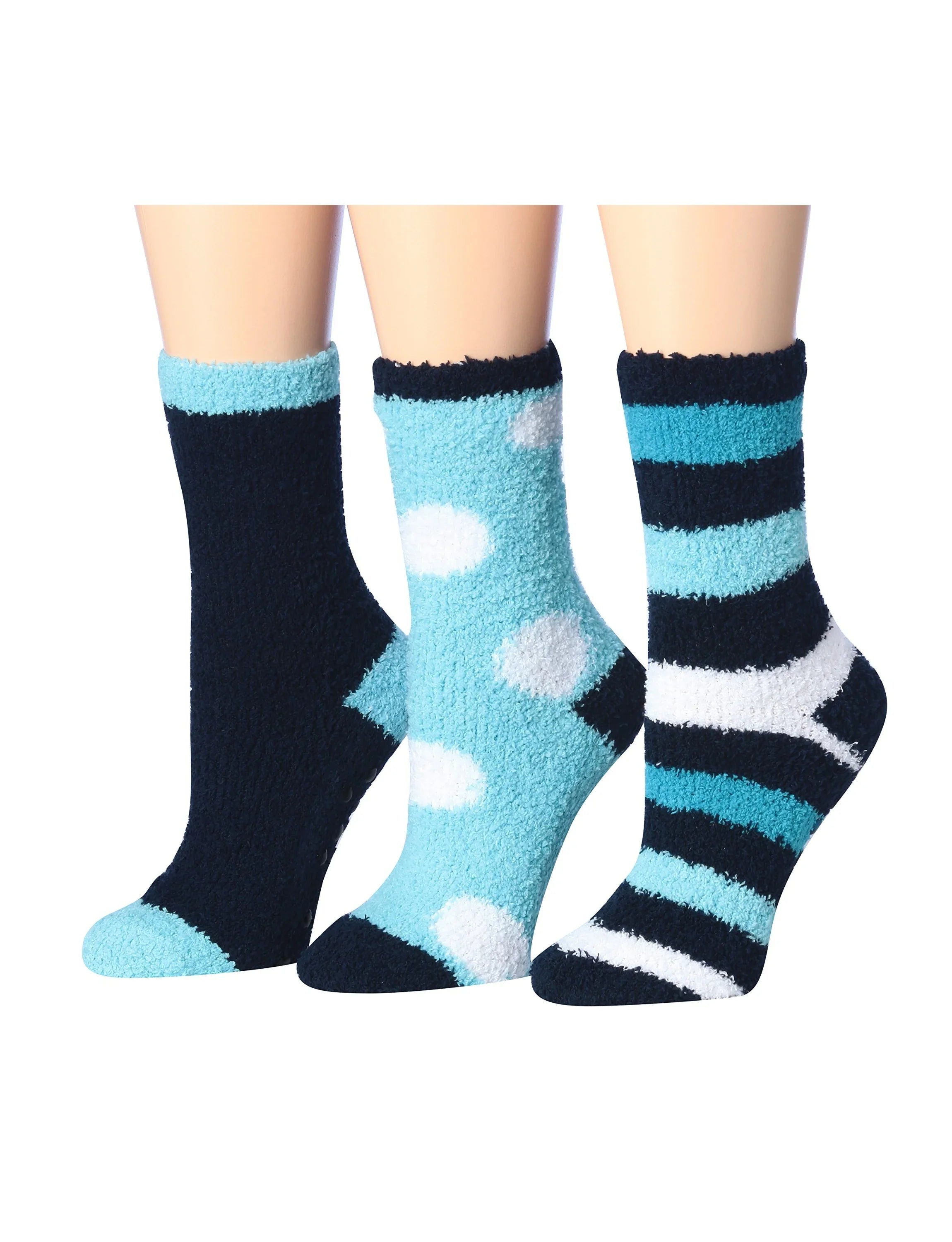 Women's 3 Pairs Cozy Microfiber Soft Anti-Skid Frozen Aquamarine Colorful Patterned Fuzzy Crew Socks - Socks