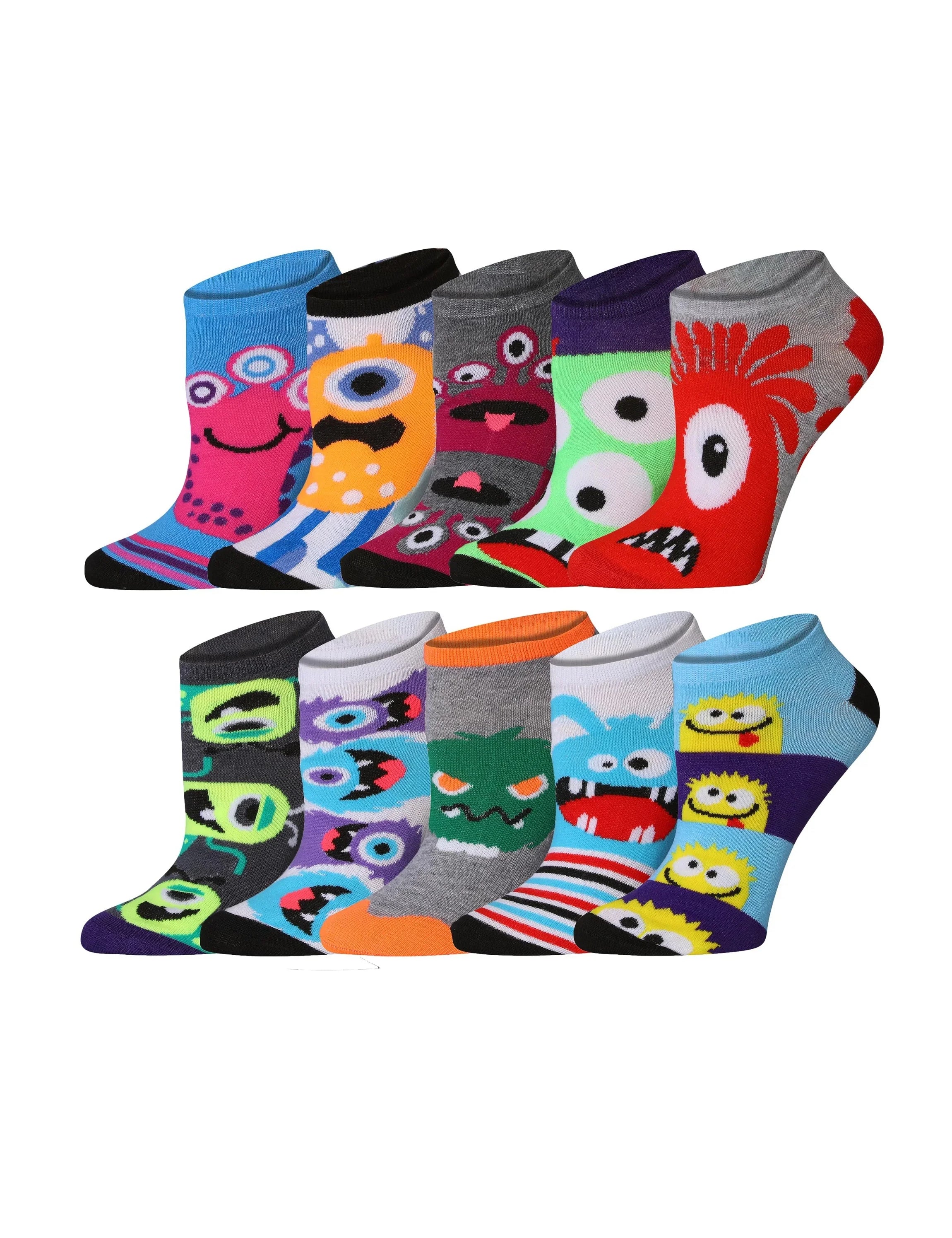 Tipi Toe Women's 10 Pairs Cute Monster Faces Pattern & Mix Colors For Vibrant Style Low Cut/No Show Socks - Tipi Toe Socks