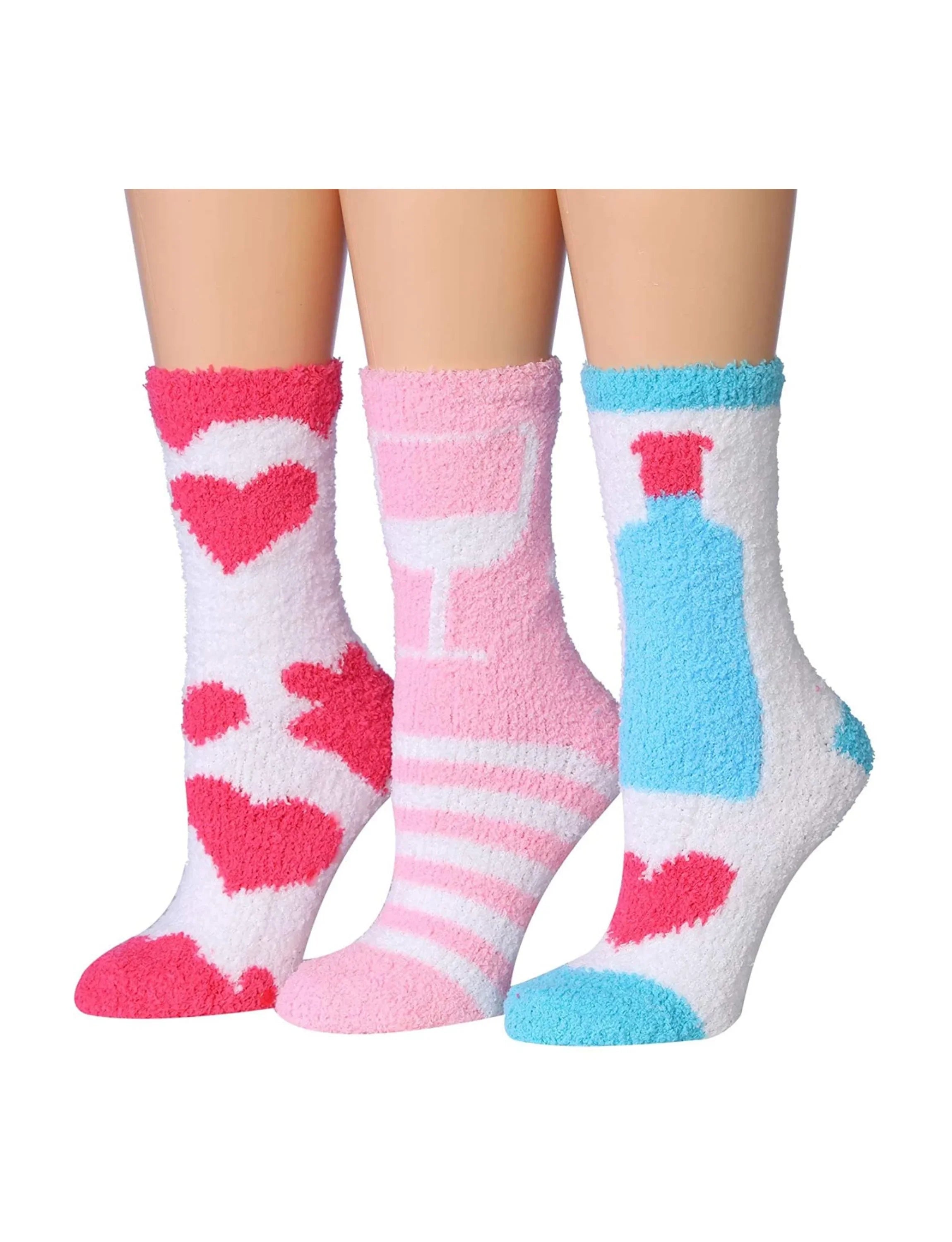 Women's 3 Pairs Cozy Microfiber Soft Anti-Skid Wine Wonderland Colorful Patterned Fuzzy Crew Socks - Socks