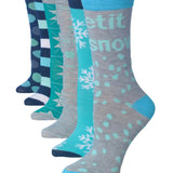 Women's 6-Pairs Frozen Whimsy Colorful Funky Dots Stripes Wintry Accents Patterned Crew Dress Socks - Socks