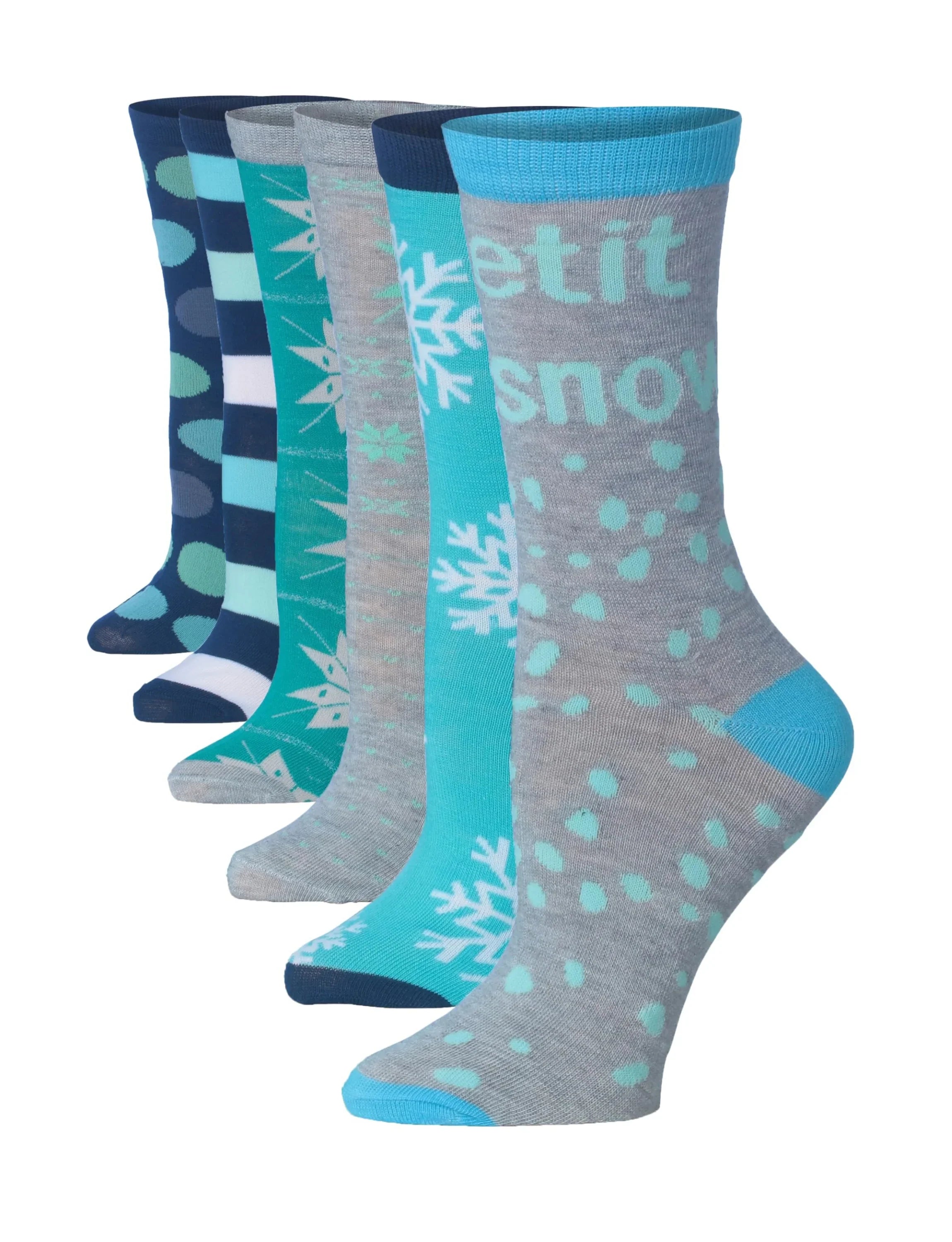 Women's 6-Pairs Frozen Whimsy Colorful Funky Dots Stripes Wintry Accents Patterned Crew Dress Socks - Socks