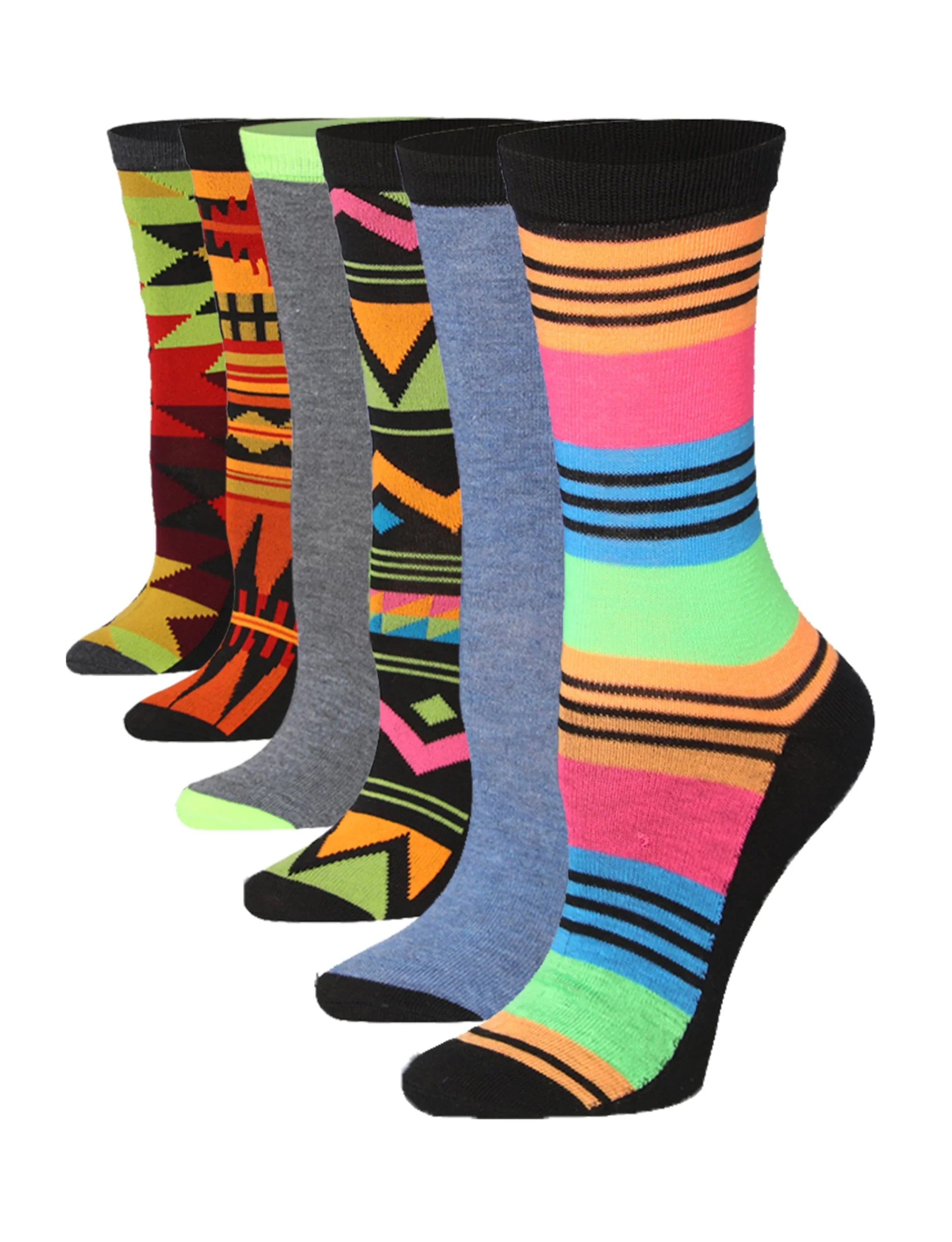 Women's 6-Pairs Rainbow Threads Colorful Funky Weave Patterned Crew Dress Socks - Socks