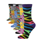 Tipi Toe Women's 6-Pairs Colorful Wild Rainbow Funky Jungle Leopard Patterned Crew Dress Socks