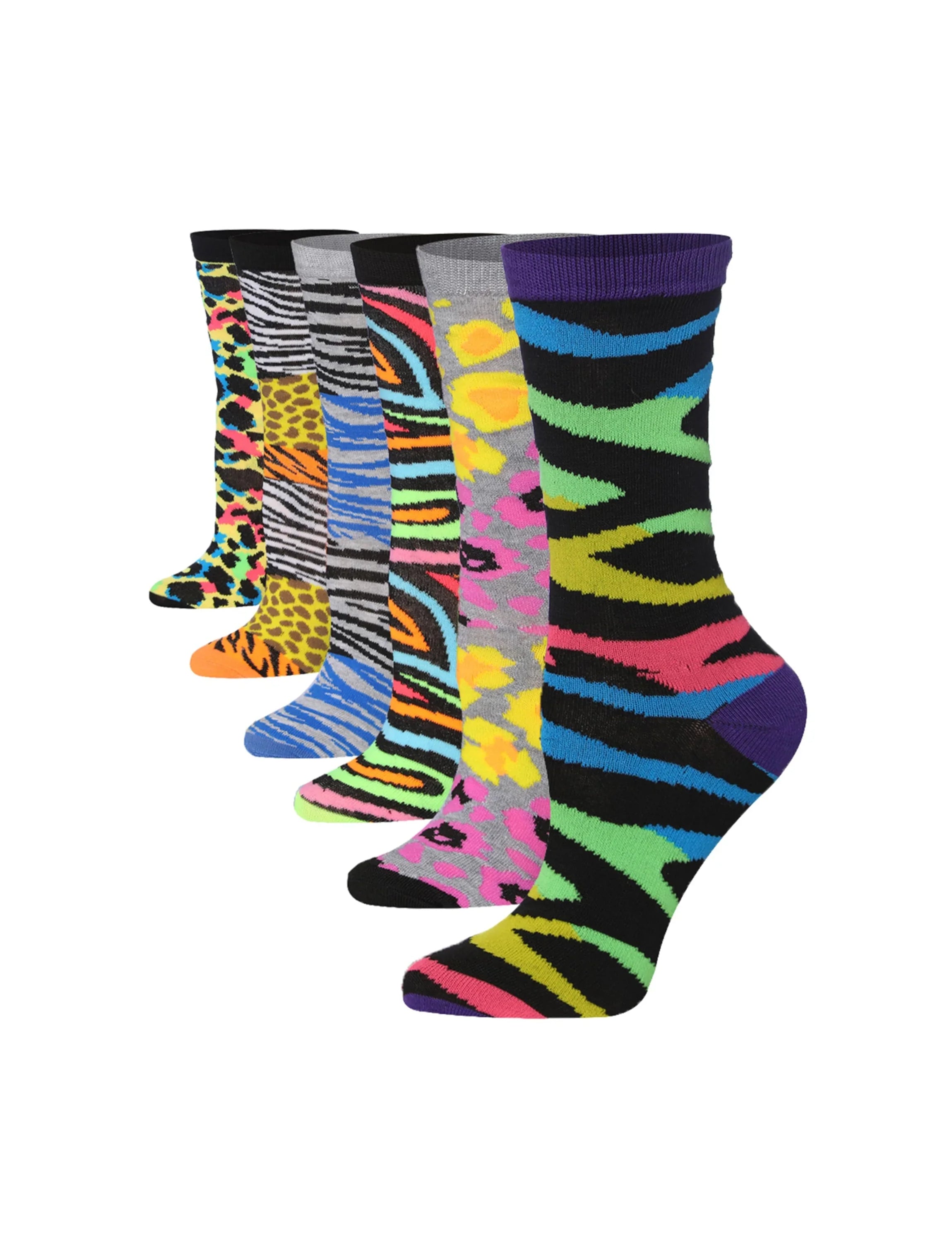 Women's 6-Pairs Colorful Wild Rainbow Funky Jungle Leopard Patterned Crew Dress Socks - Socks