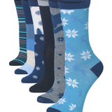 Tipi Toe Women's 6-Pairs Colorful Bluish Cyan Palette Funky Arctic Mountain Patterned Crew Dress Socks