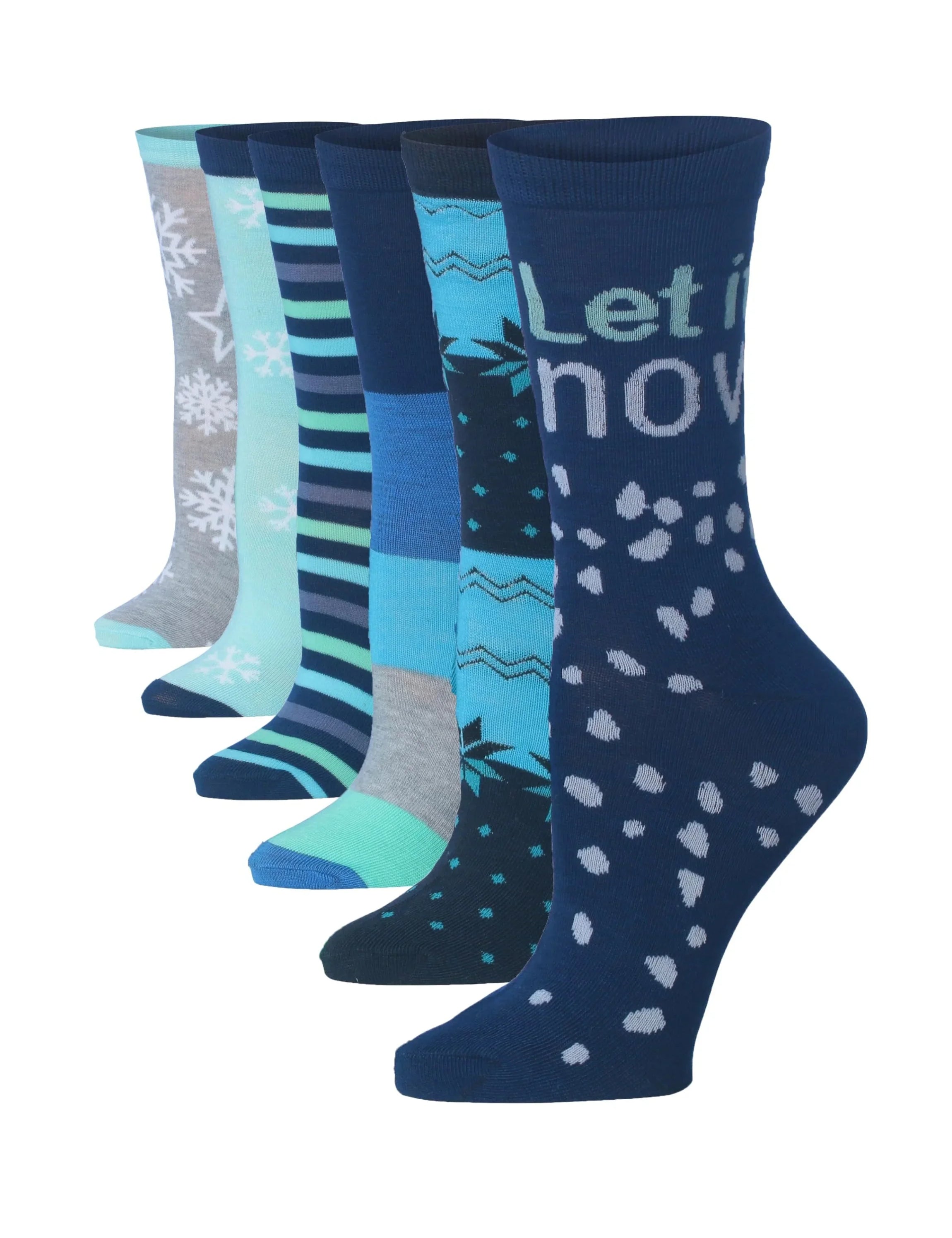 Women's 6-Pairs Frosty Winter Wonderland Colorful Funky Stripes Snowflakes Stars Patterned Crew Dress Socks - Socks