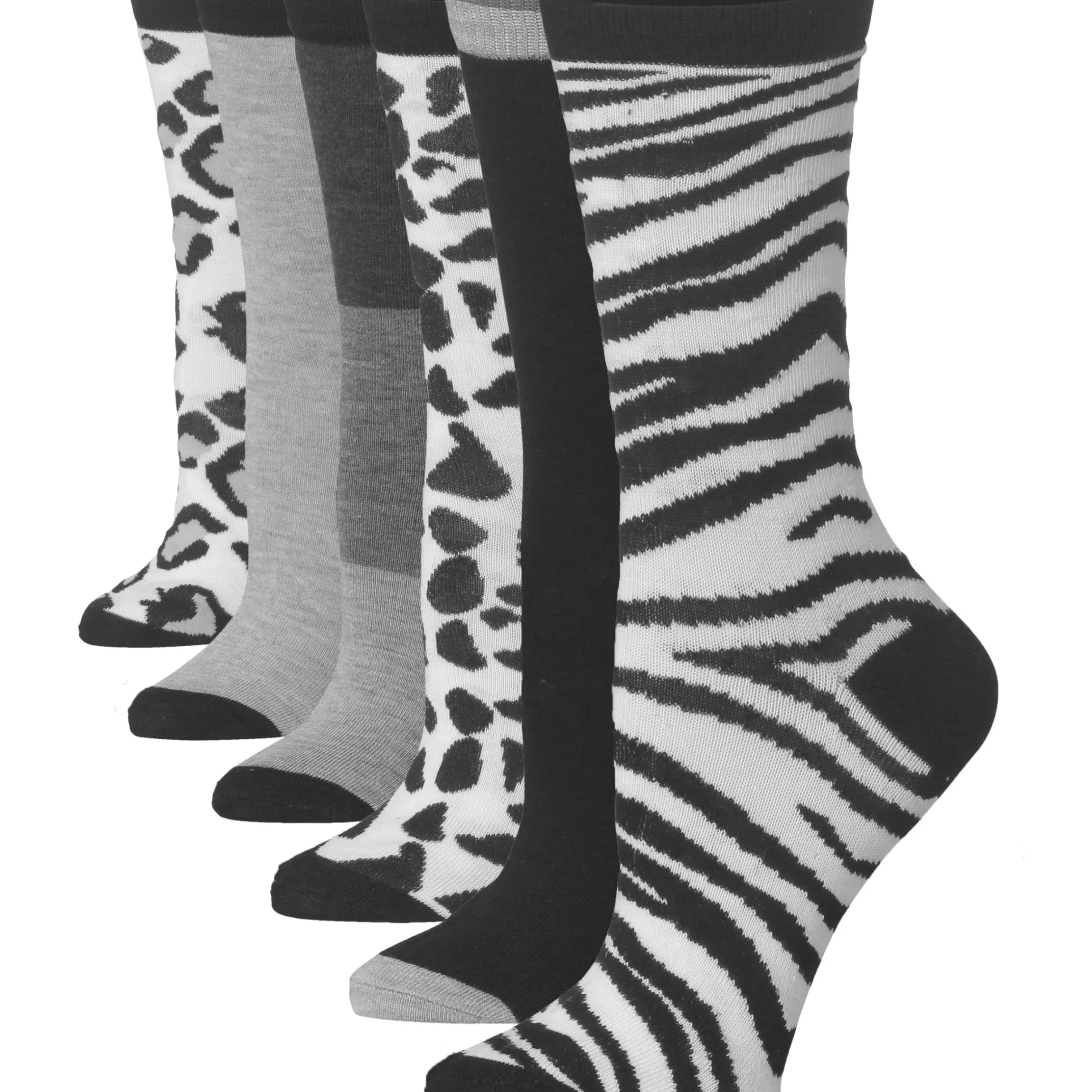 Women's 6-Pairs Monochrome Funky Wild Animal Instincts Patterned Crew Dress Socks - Socks