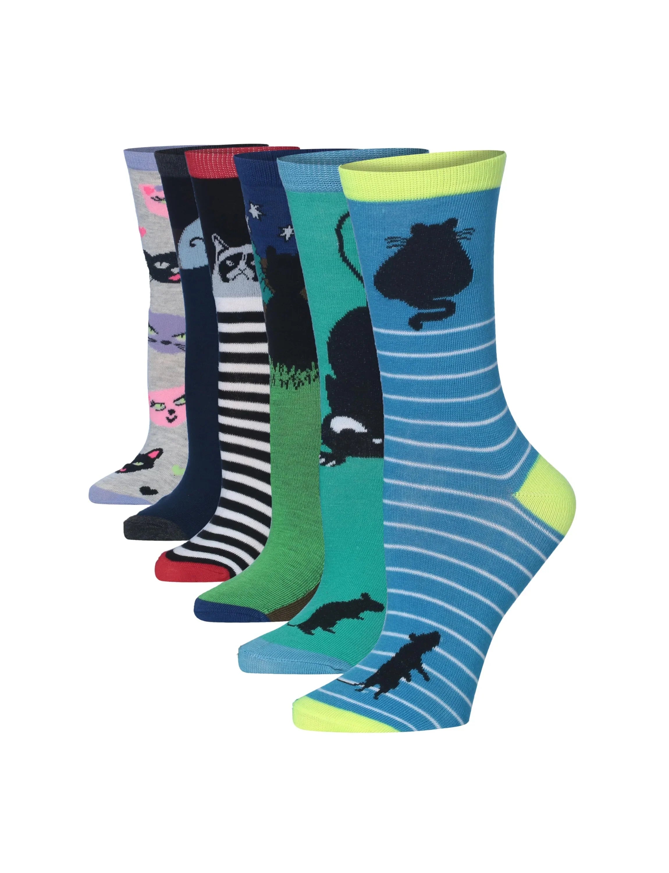 Women's 6-Pairs Lightweight Novelty Colorful Fashion Crew Cat Socks For Women - Socks