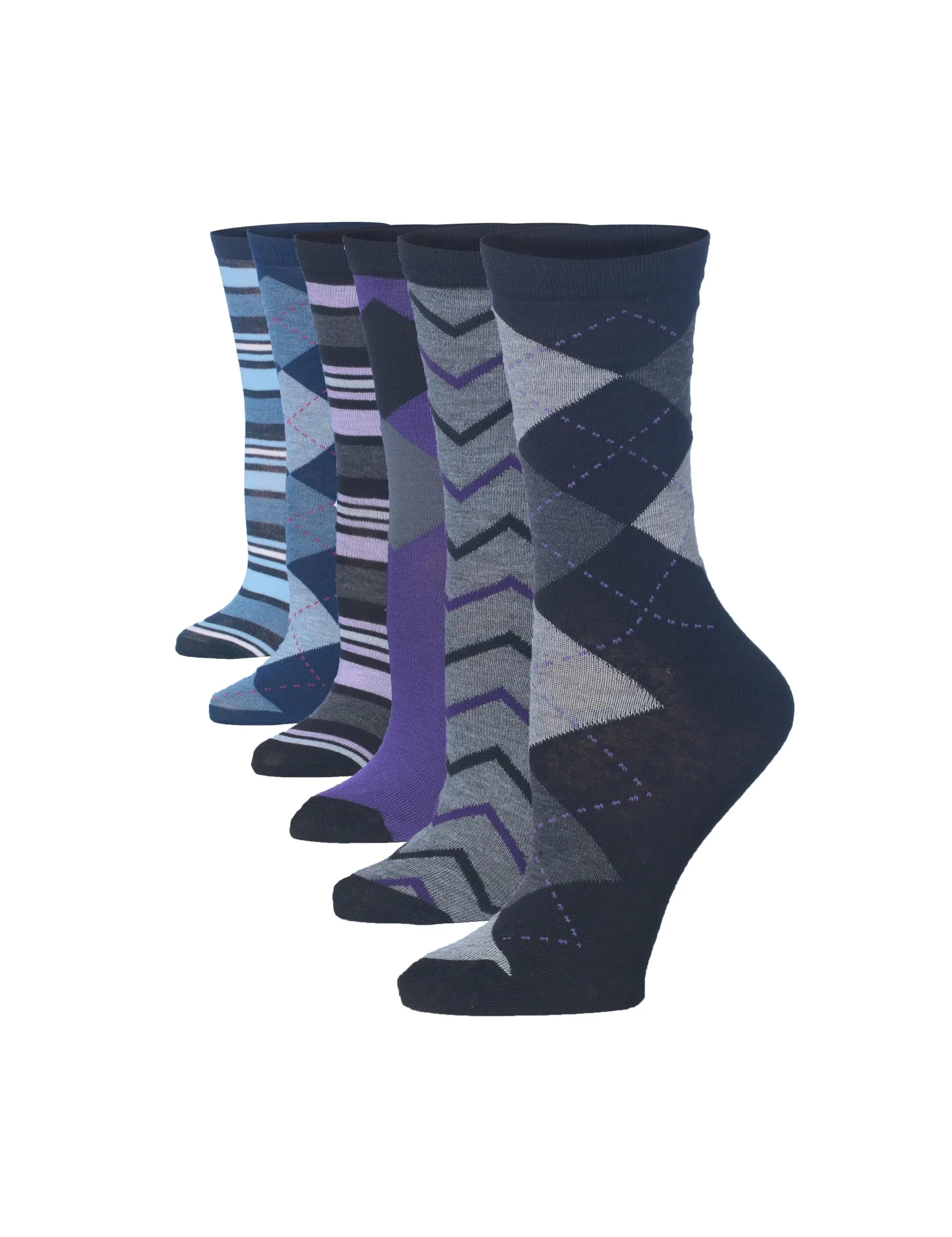 Women's 6-Pairs Contemporary Color Combo Funky Argyle Stripe Zigzag Patterned Crew Dress Socks - Socks