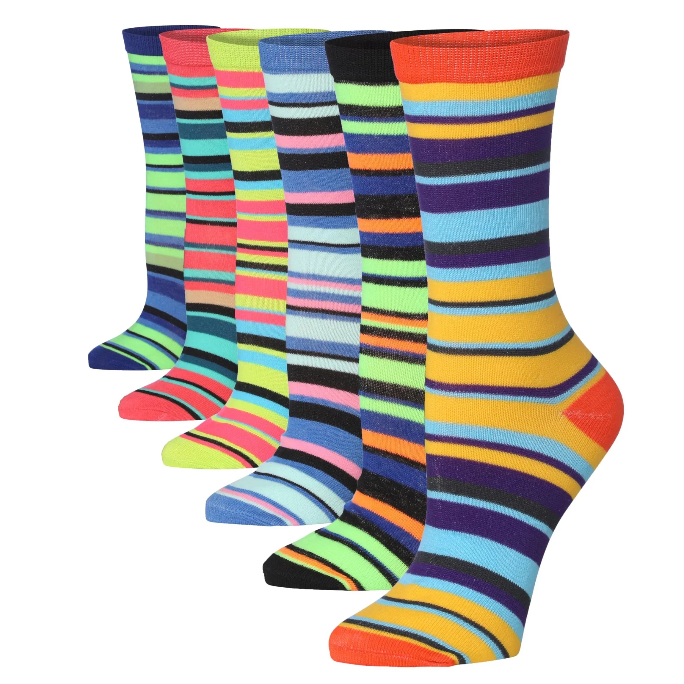 Women's 6-Pairs Colorful Energetic Neon Fusion Funky Striped Patterned Crew Dress Socks - Socks