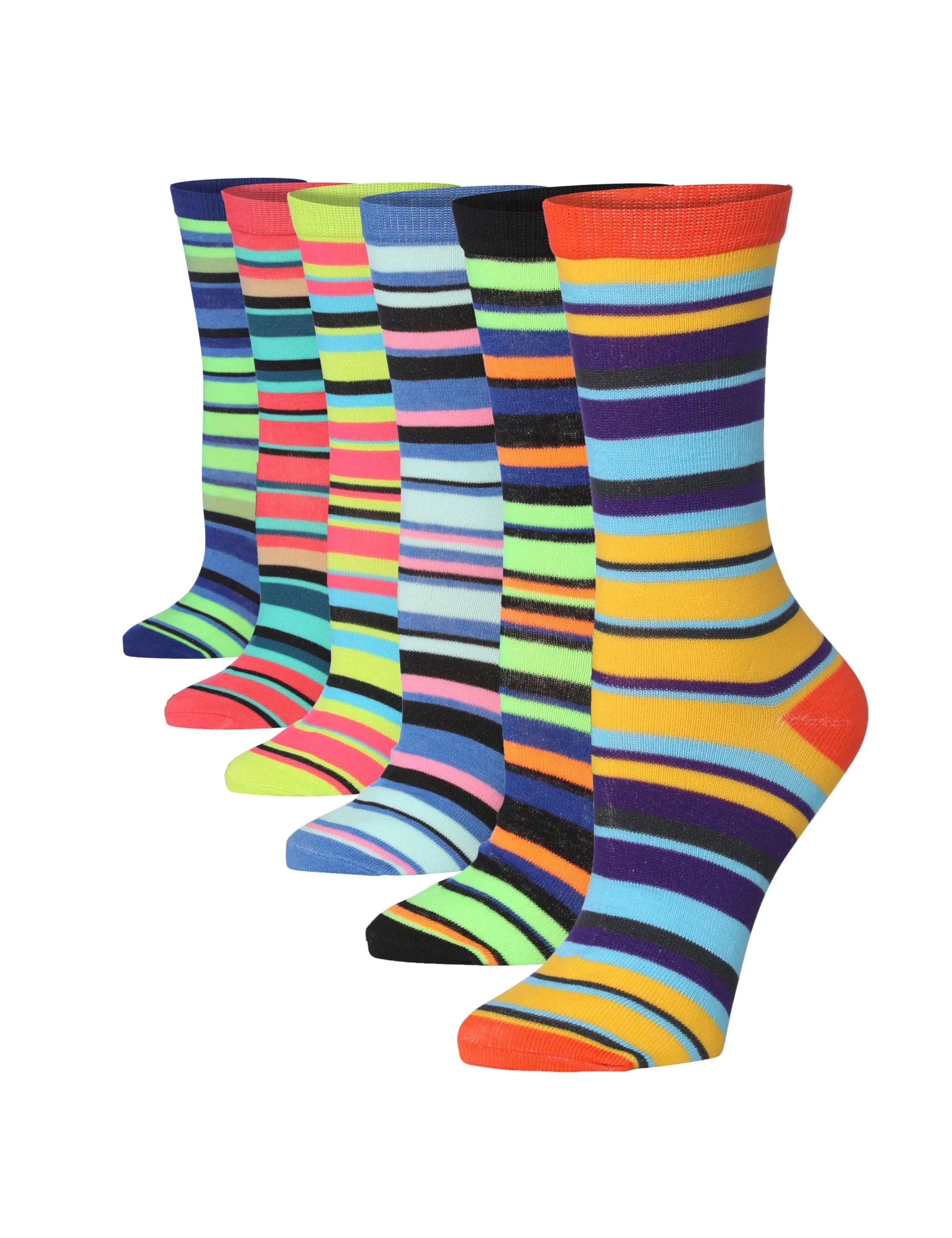 Women's 6-Pairs Colorful Energetic Neon Fusion Funky Striped Patterned Crew Dress Socks - Socks