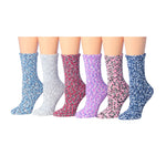Women's 6 Pairs Cozy Microfiber Fuzzy Crew Socks in Candy Cane Chaos Design with Colorful Patterns and Anti-Skid Soles ƒ?? Soft and Warm Holiday-Inspired Socks Displayed on White Background.