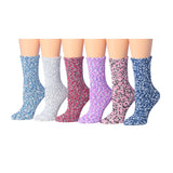 Women's 6 Pairs Cozy Microfiber Fuzzy Crew Socks in Candy Cane Chaos Design with Colorful Patterns and Anti-Skid Soles ƒ?? Soft and Warm Holiday-Inspired Socks Displayed on White Background.