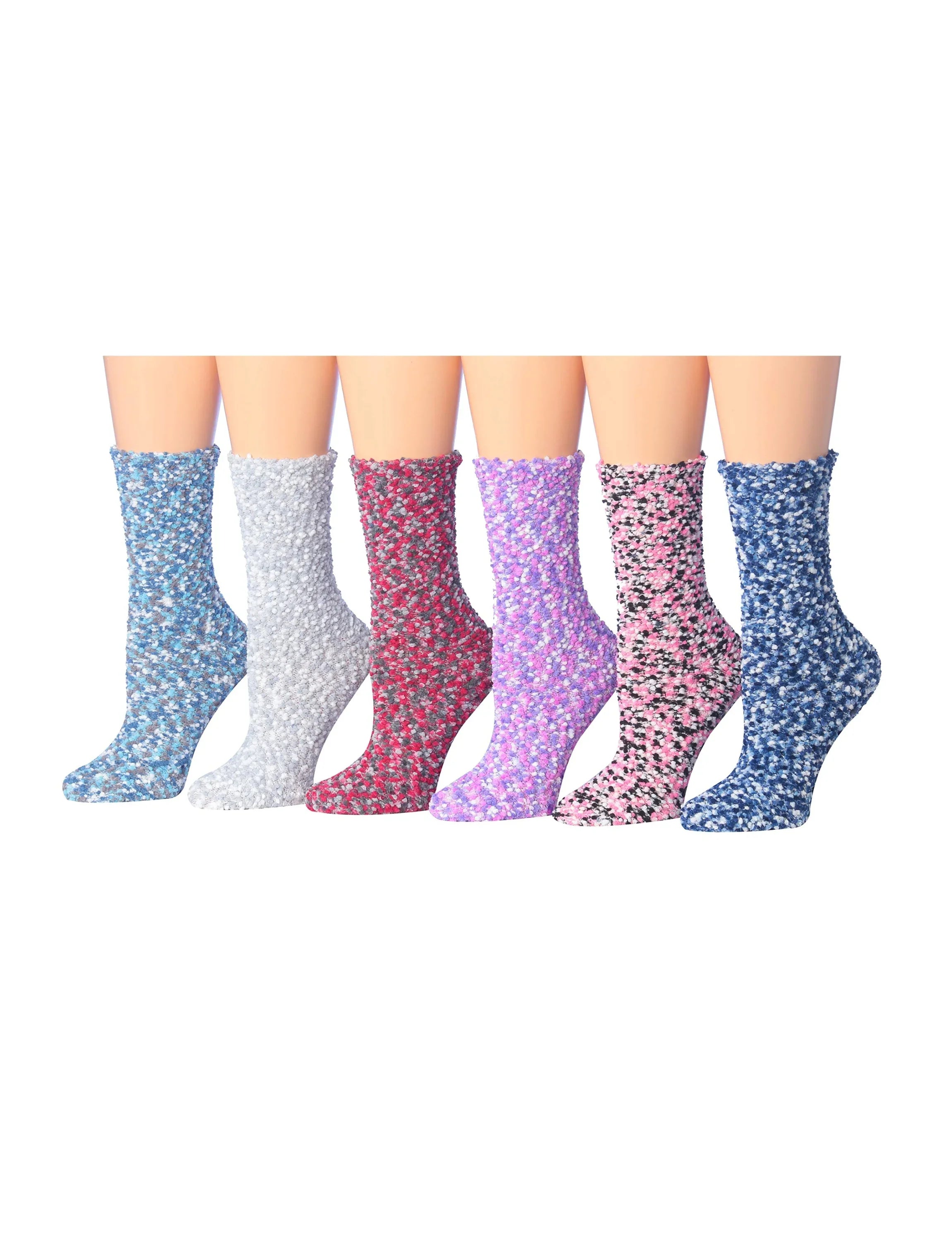 Women's 6 Pairs Cozy Microfiber Fuzzy Crew Socks in Candy Cane Chaos Design with Colorful Patterns and Anti-Skid Soles ƒ?? Soft and Warm Holiday-Inspired Socks Displayed on White Background.