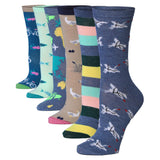 Tipi Toe Women's 6-Pairs Colorful Funky Bike Fish Map Dove Patterned Crew Dress Socks