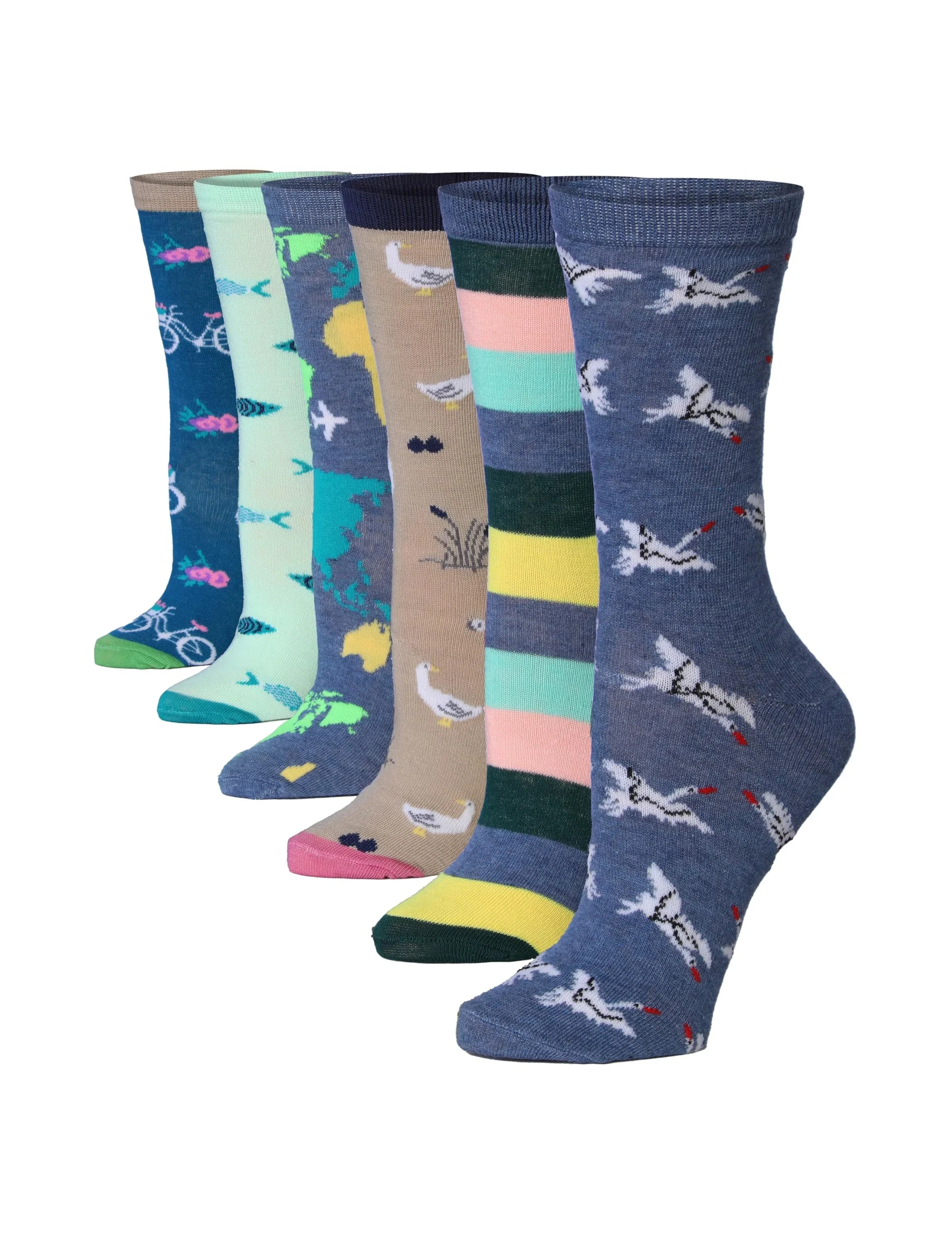 Women's 6-Pairs Colorful Funky Bike Fish Map Dove Patterned Crew Dress Socks - Tipi Toe Socks