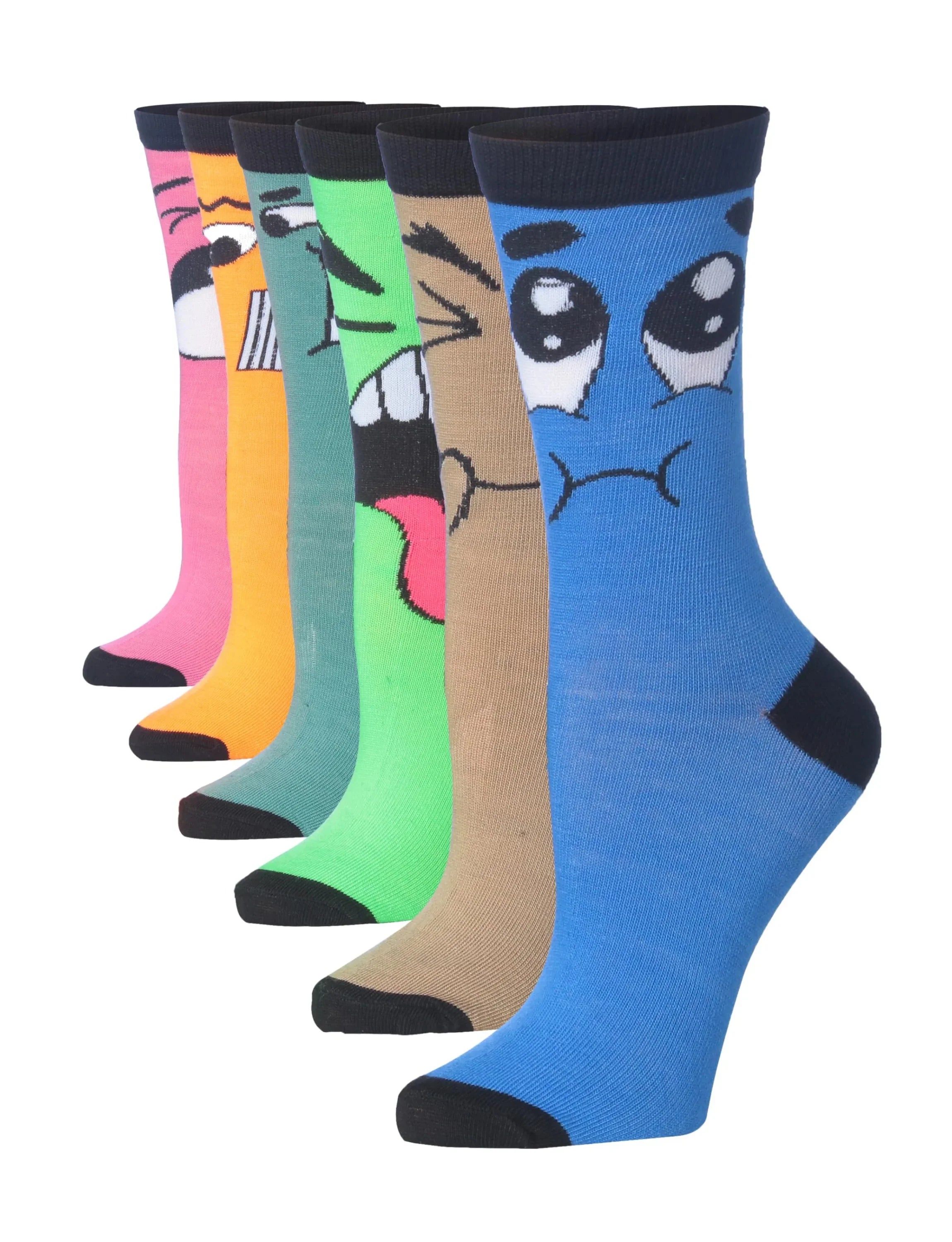 Women's 6-Pairs Colorful Vibrant Rainbow Smiles Funky Monster Face Patterned Crew Dress Socks - Tipi Toe Socks
