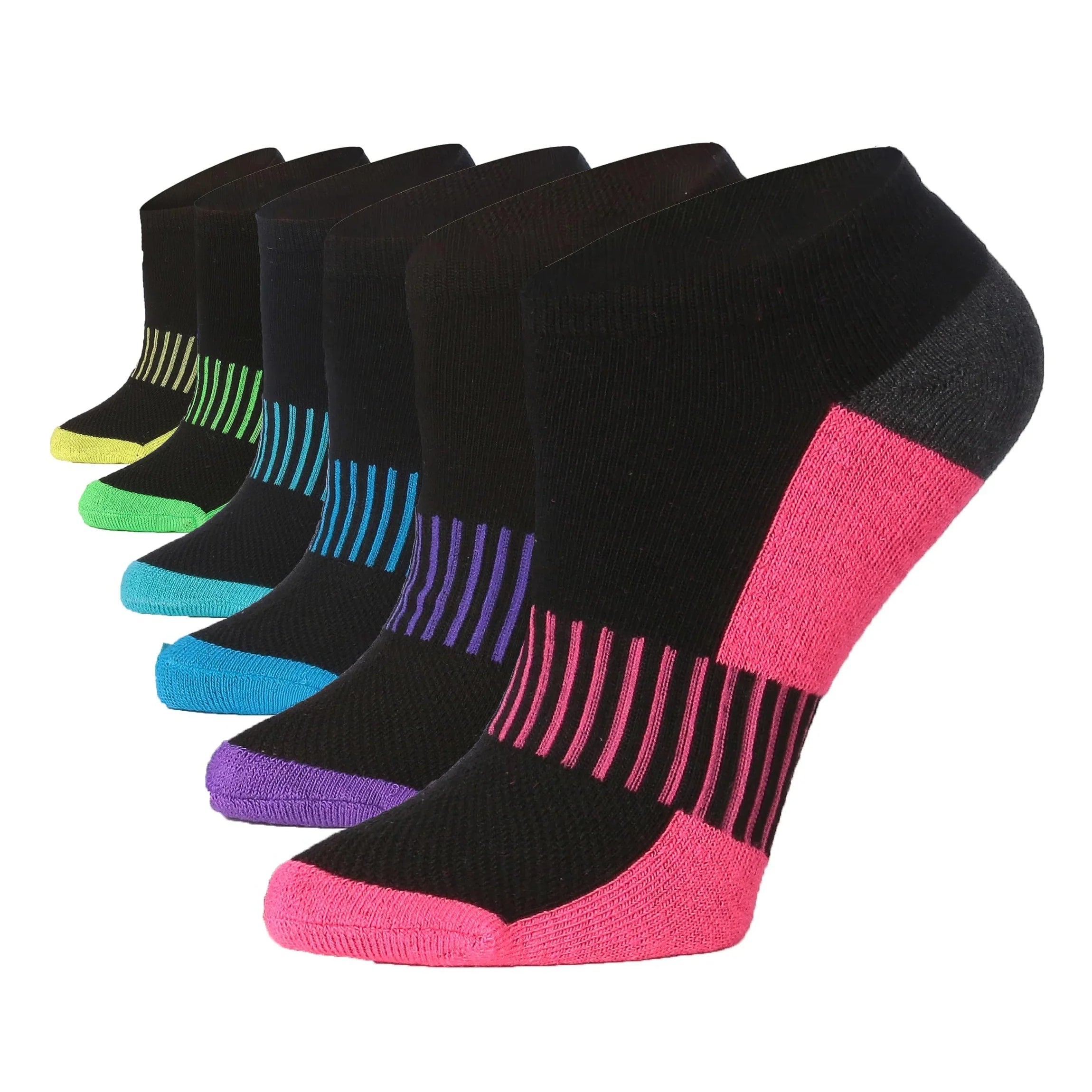  Women's 6 Pack Cushioned Comfort Running Solid Black Rainbow Toe Support Socks For Women -  Socks