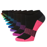 Tipi Toe Women's 12-Pairs Plain Black Accented Rainbow Colored Stripes Low Cut Cushioned Short Socks
