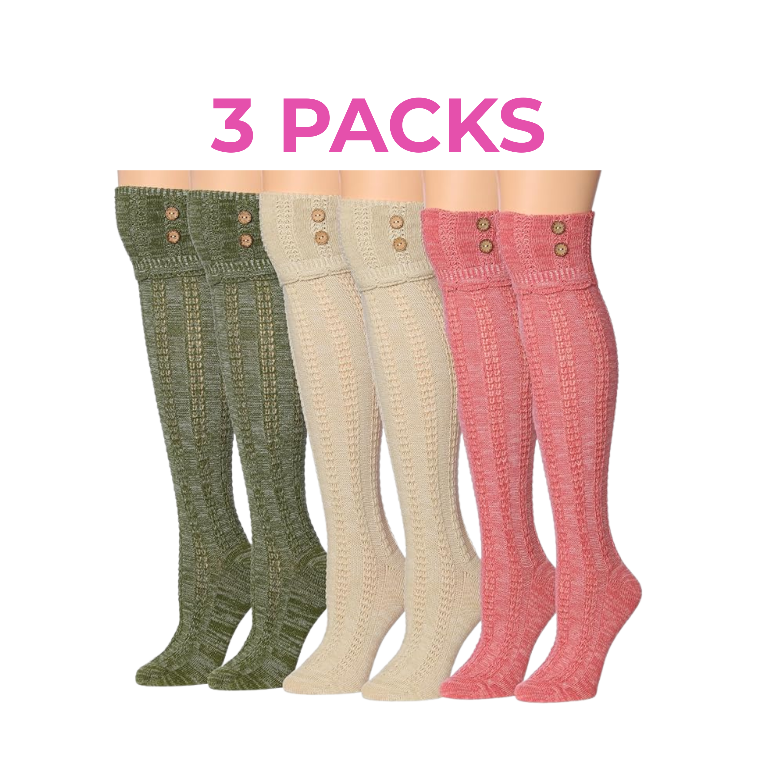 Three pairs of knee-high socks in green, beige, and pink on a white background with '3 Packs' text.