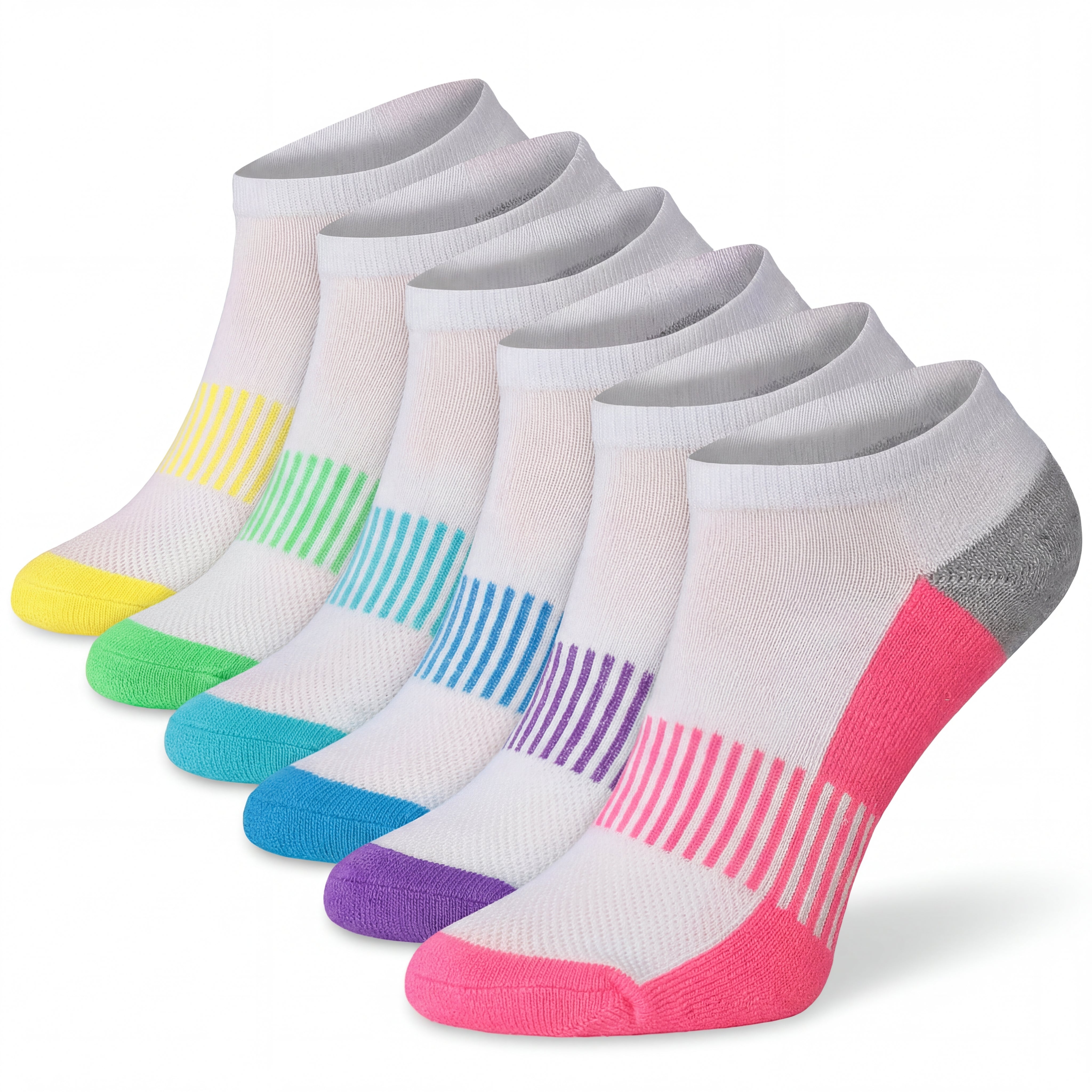 Set of six pairs of socks with colorful accents on a white background
